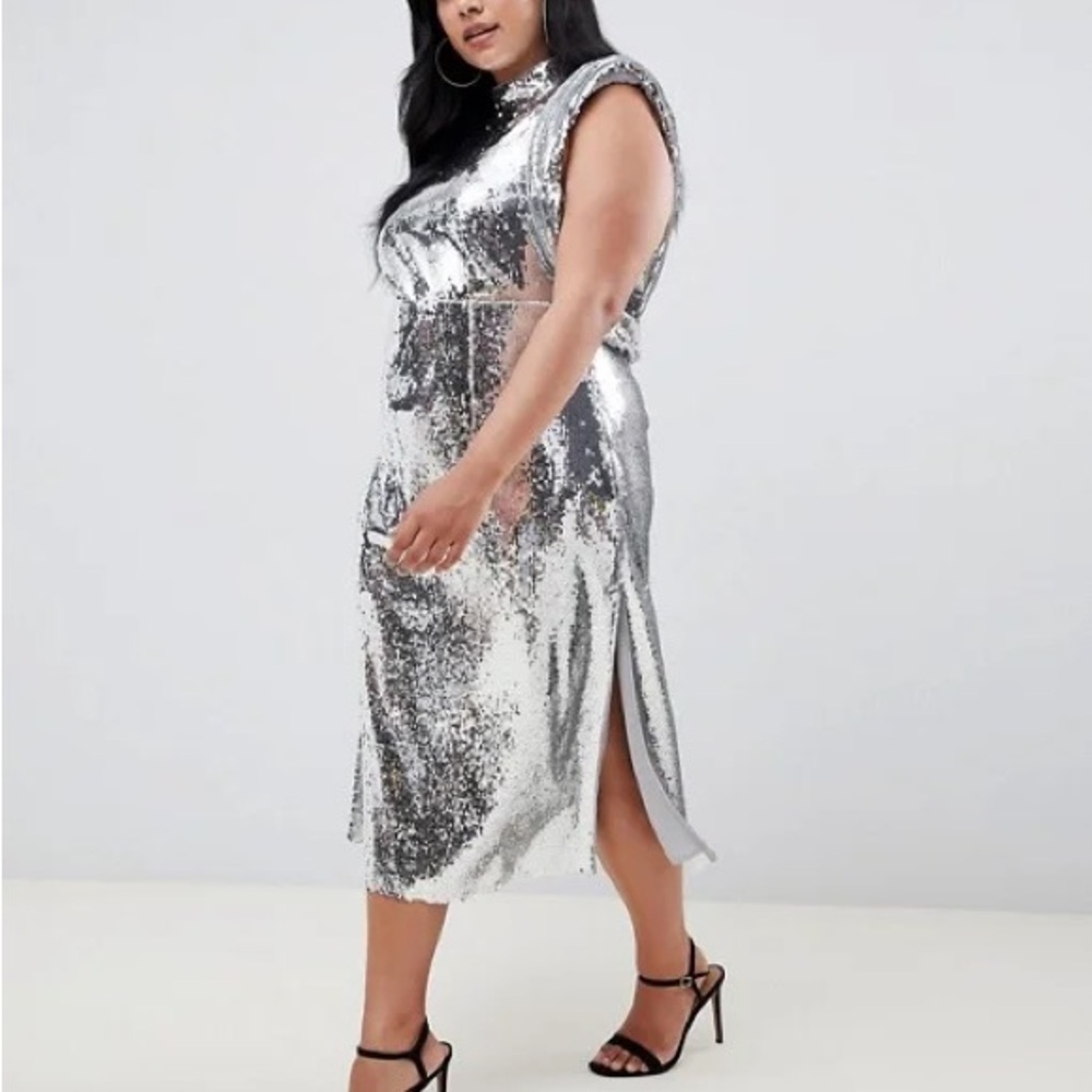 Asos Design Curve High Neck Drape Armhole Midi Dress In All Over Sequin